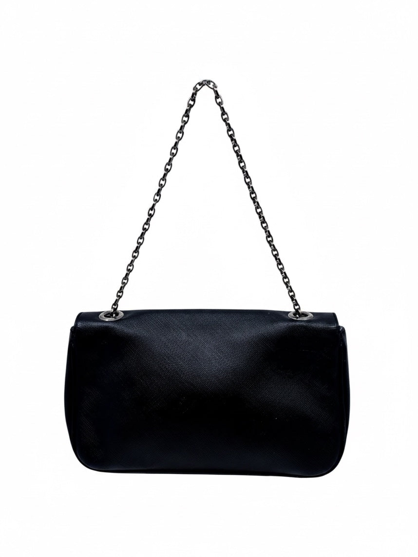 Posh Purse Co preloved black Ferragamo shoulder bag with silver chain strap and hardware against a white background