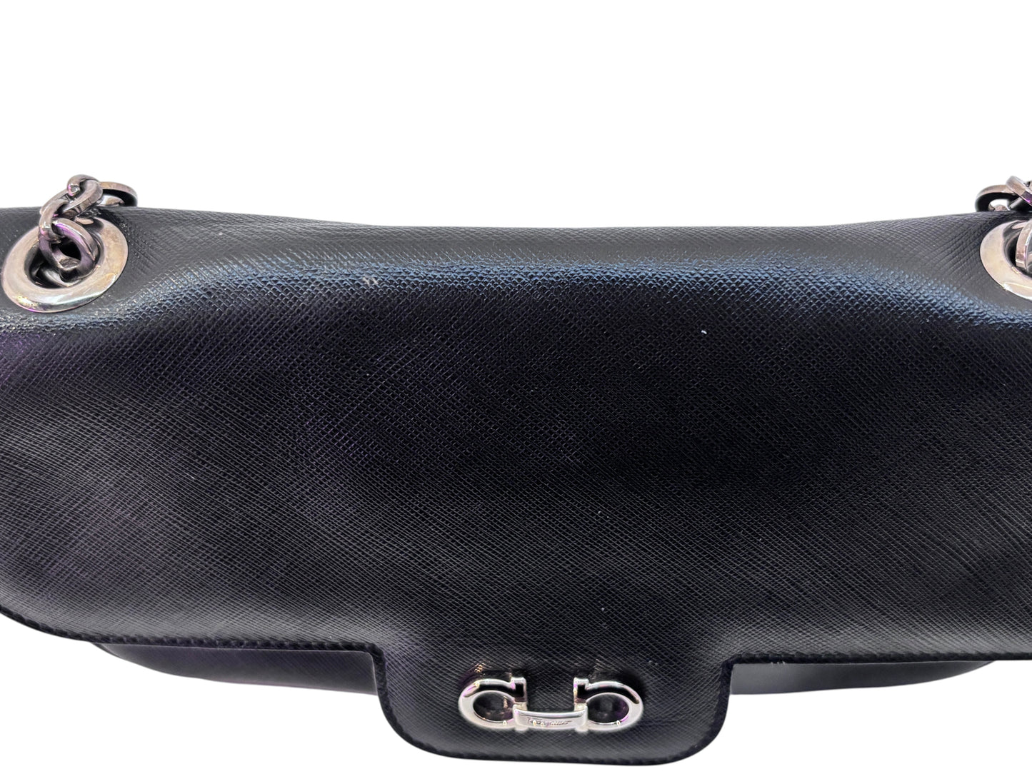 Posh Purse Co preloved black Ferragamo shoulder bag with silver-tone hardware and textured leather finish