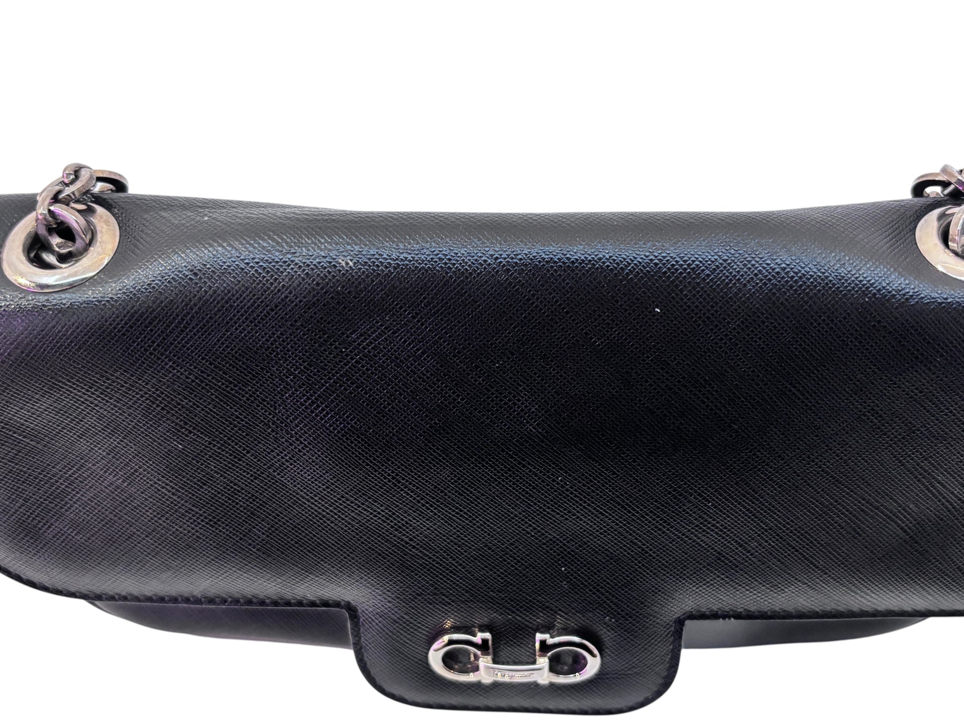 Posh Purse Co preloved black Ferragamo shoulder bag with silver-tone hardware and textured leather finish