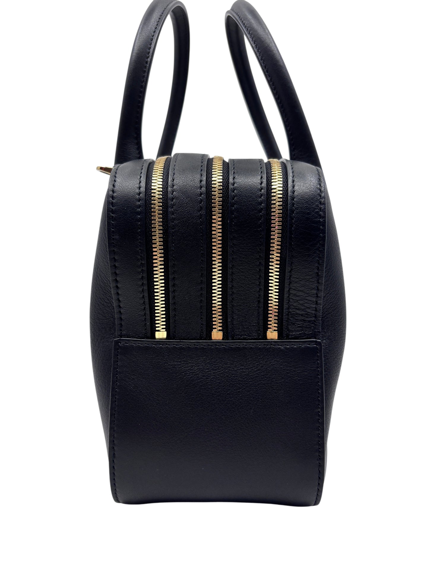 Posh Purse Co. black Ferragamo triple zip handbag showing side profile with gold hardware and structured leather design