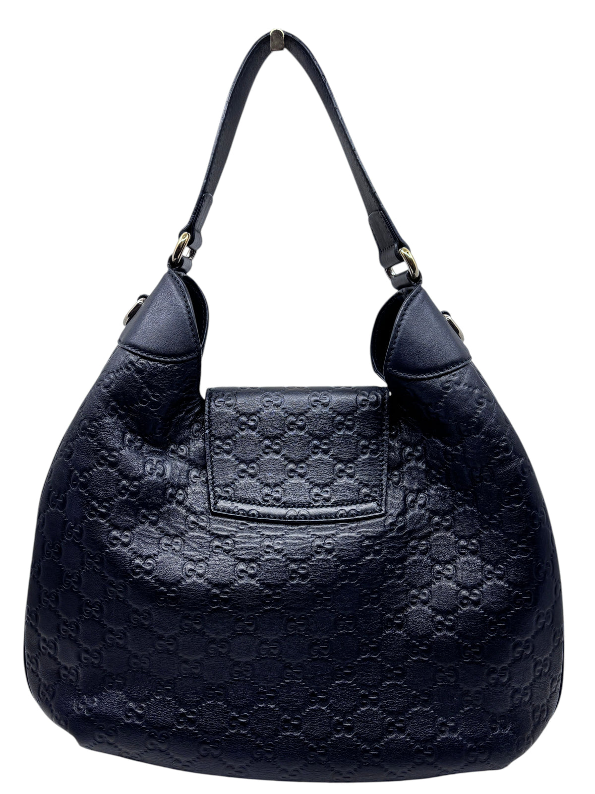 Posh Purse Co. black leather Gucci Horsebit 1955 hobo bag with embossed GG logo pattern and shoulder strap
