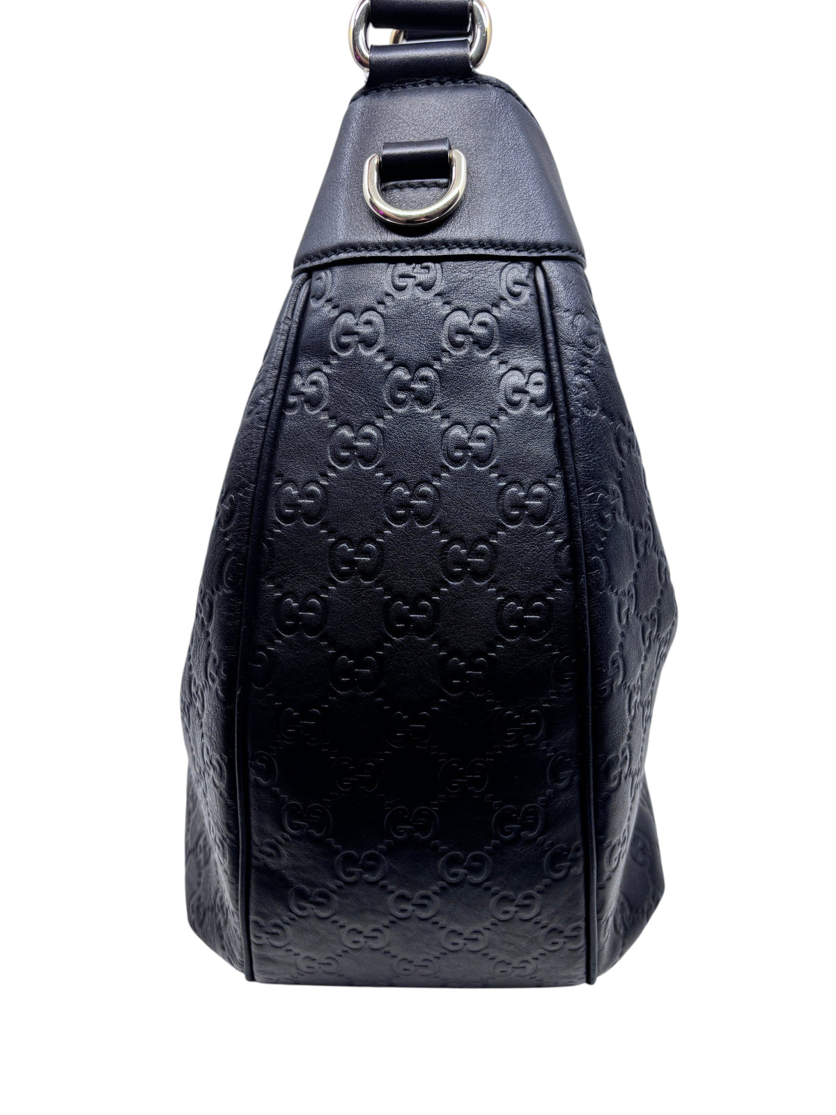 Posh Purse Co. black leather Gucci Horsebit 1955 hobo bag featuring embossed GG monogram pattern and silver hardware.
