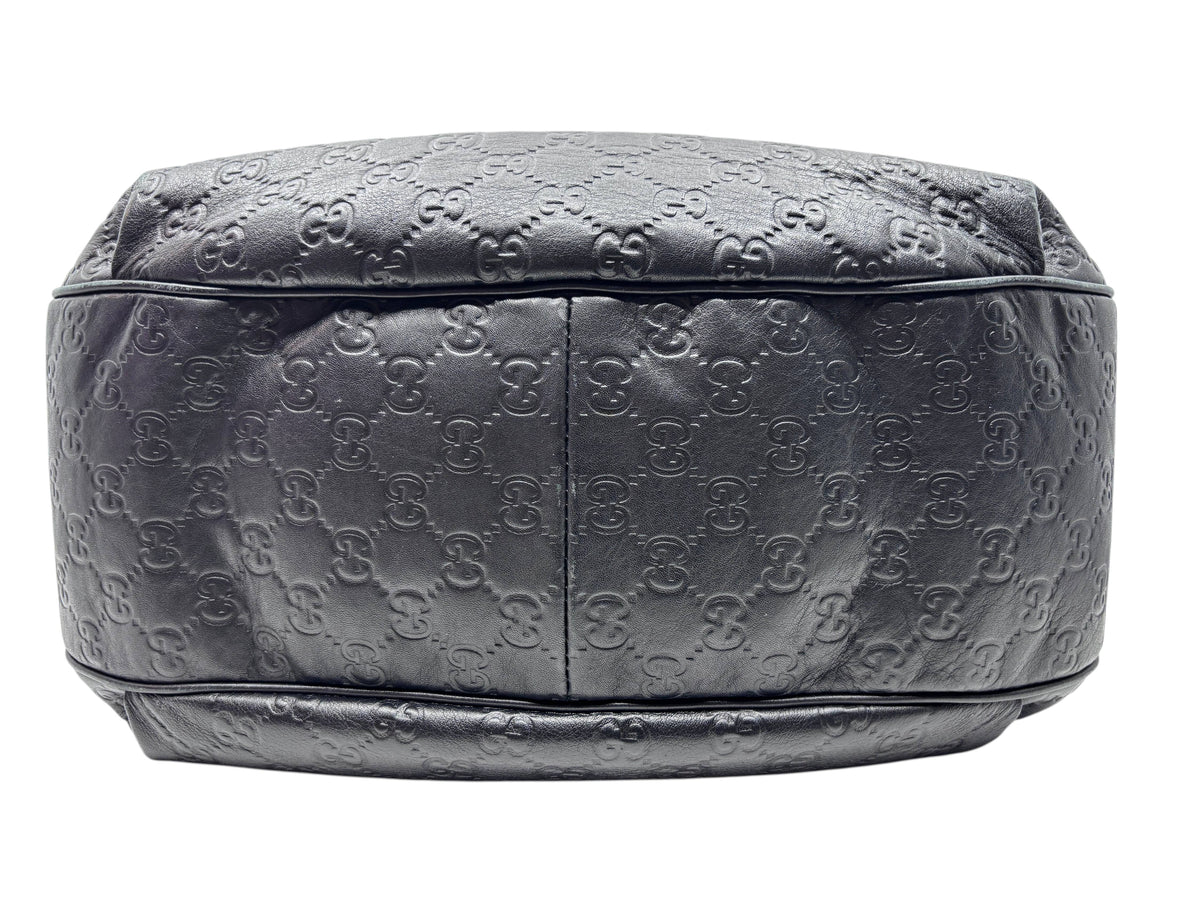 Posh Purse Co. black Gucci Horsebit 1955 hobo bag featuring embossed GG monogram leather pattern