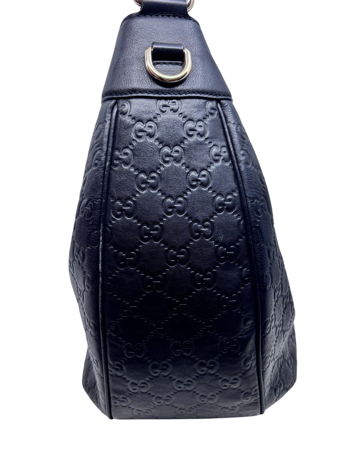 Posh Purse Co. preloved black leather Gucci Horsebit 1955 hobo bag with embossed GG logo pattern