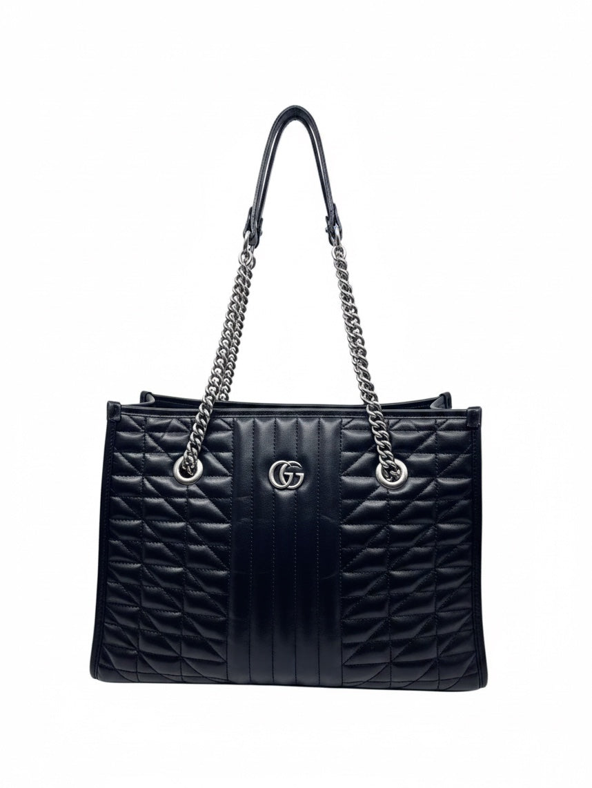 Posh Purse Co black Gucci GG Marmont medium shoulder bag in quilted matelassé leather with silver chain strap