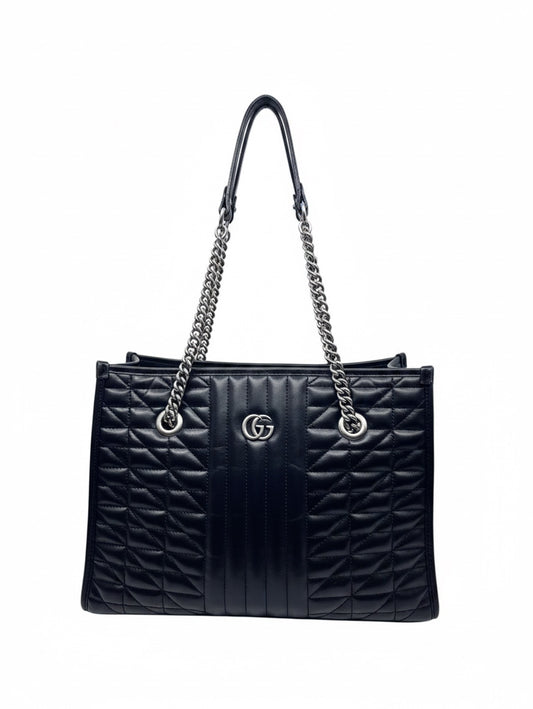 Posh Purse Co black Gucci GG Marmont medium shoulder bag in quilted matelassé leather with silver chain strap