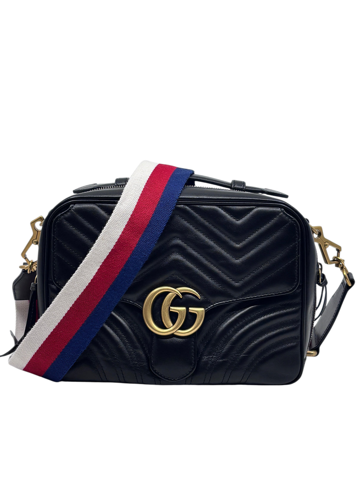 Posh Purse Co black leather Gucci Marmont crossbody bag with signature gold GG logo and red and blue striped strap
