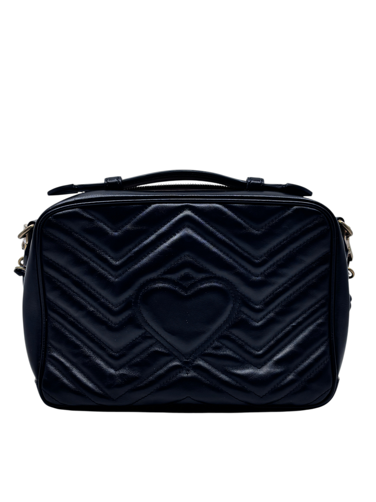 Posh Purse Co black leather Gucci Marmont crossbody bag with chevron quilting and a heart detail on the front