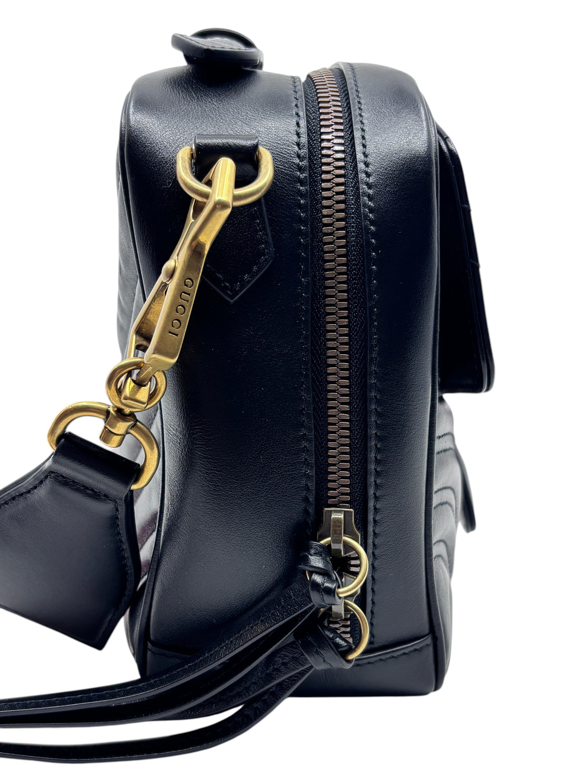 Posh Purse Co black leather Gucci Marmont crossbody bag with gold hardware and red and blue striped strap