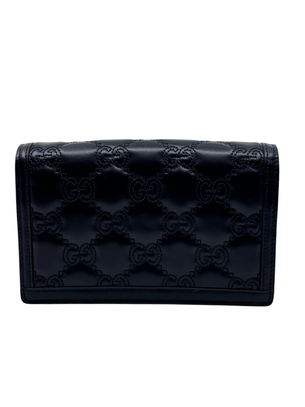 Posh Purse Co black Gucci GG Marmont wallet on chain in matelassé leather with embossed GG logo pattern
