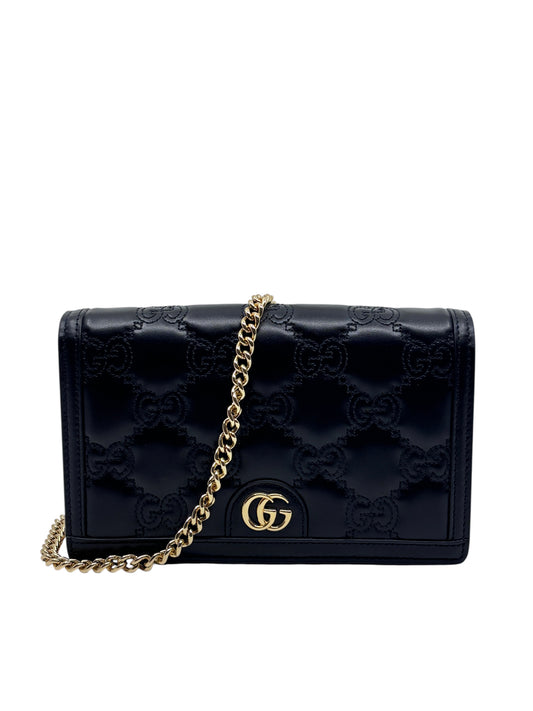 Posh Purse Co. black matelassé leather Gucci GG Marmont wallet on chain with antique gold-tone hardware