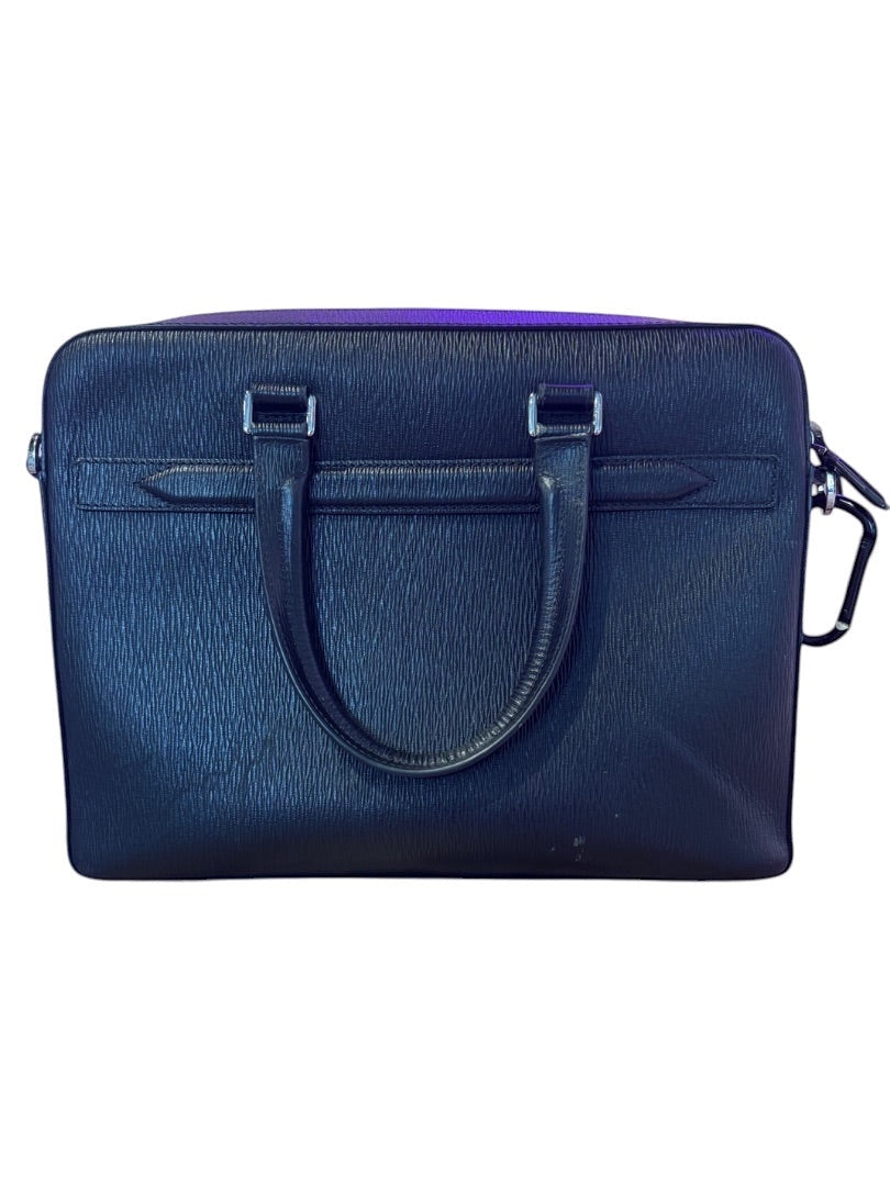 Posh Purse Co black pebbled leather Mancini Revival briefcase with top handles and silver hardware.