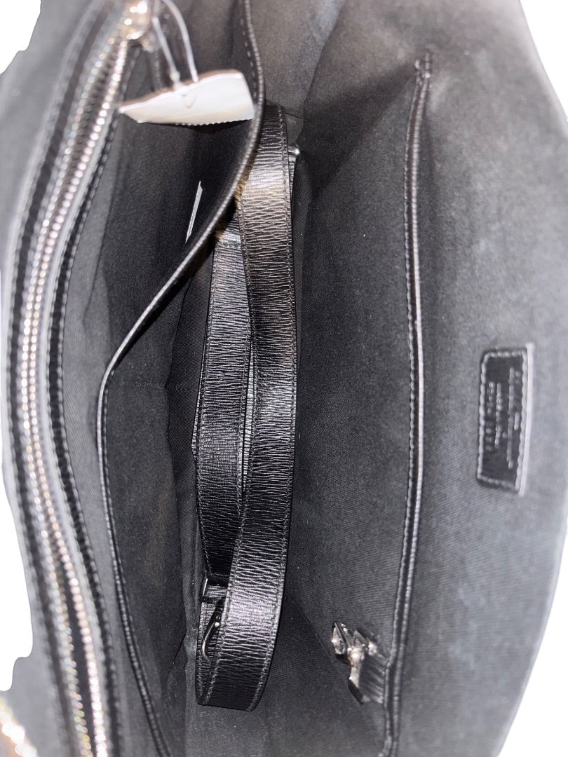 Posh Purse Co black leather Ferragamo Mancini Revival briefcase interior with zip pocket and shoulder strap