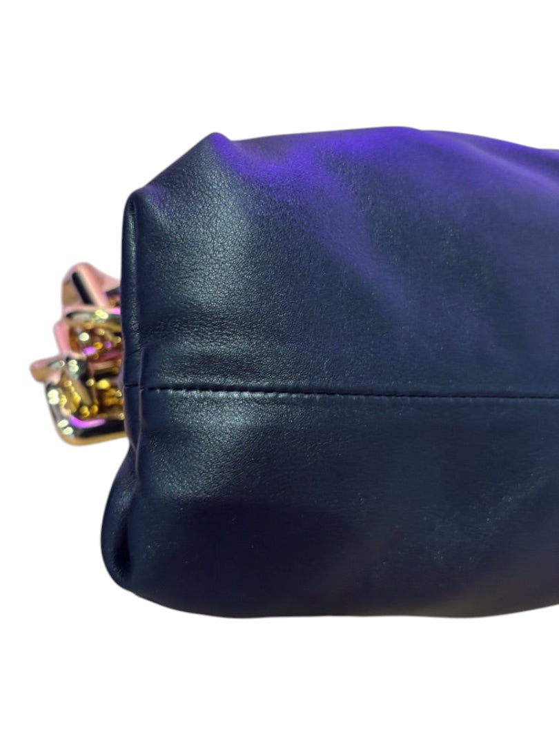 Posh Purse Co black leather Bottega Veneta Chain Pouch with gold chain strap and gathered design.