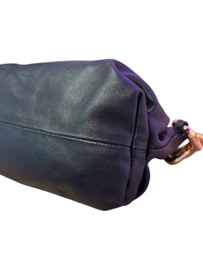 Posh Purse Co black leather Bottega Veneta Chain Pouch with gathered design and chunky gold chain strap.