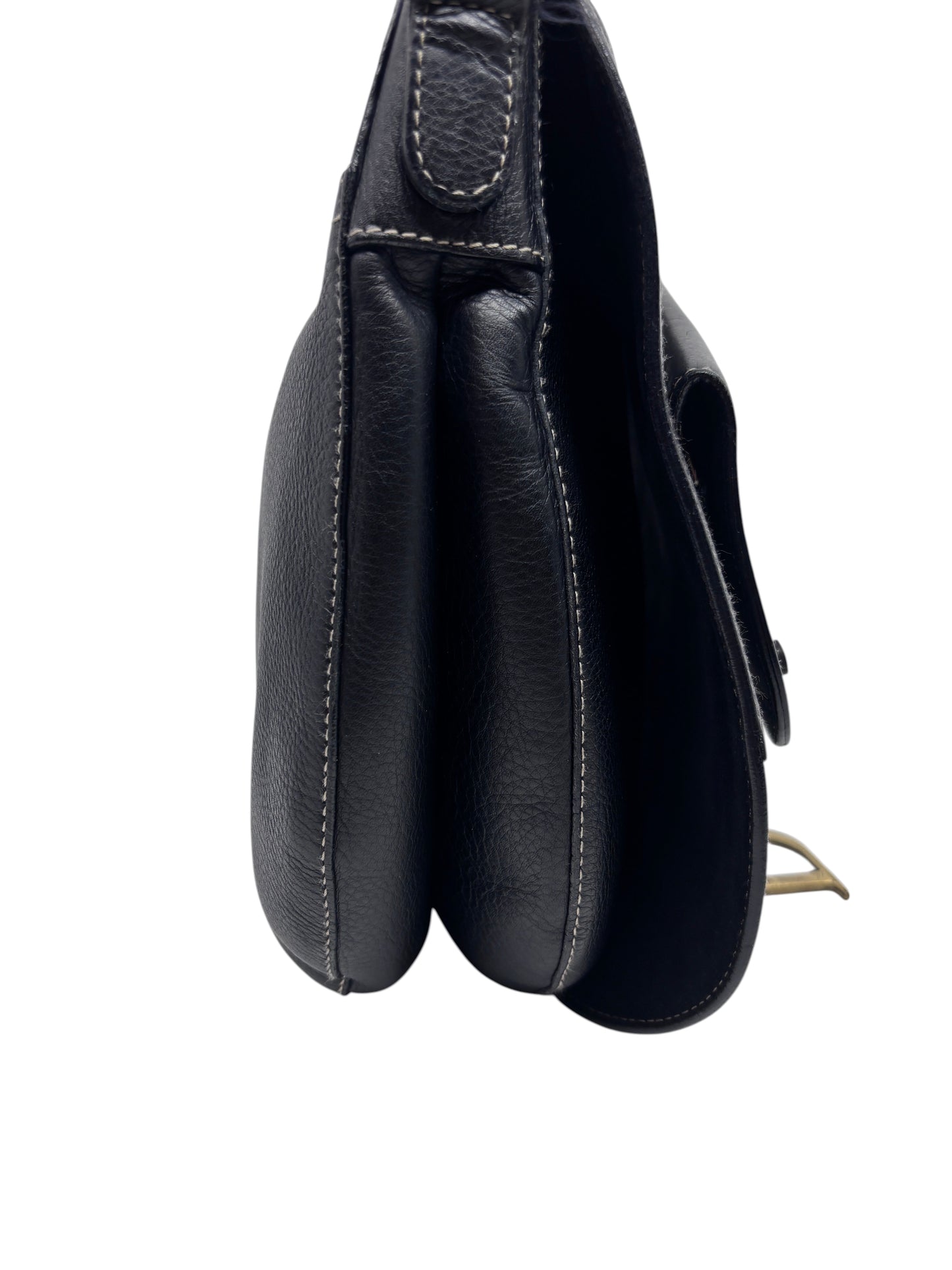Side view of a black leather Dior Baudrier Saddle Bag with white contrast stitching, sold by Posh Purse Co.
