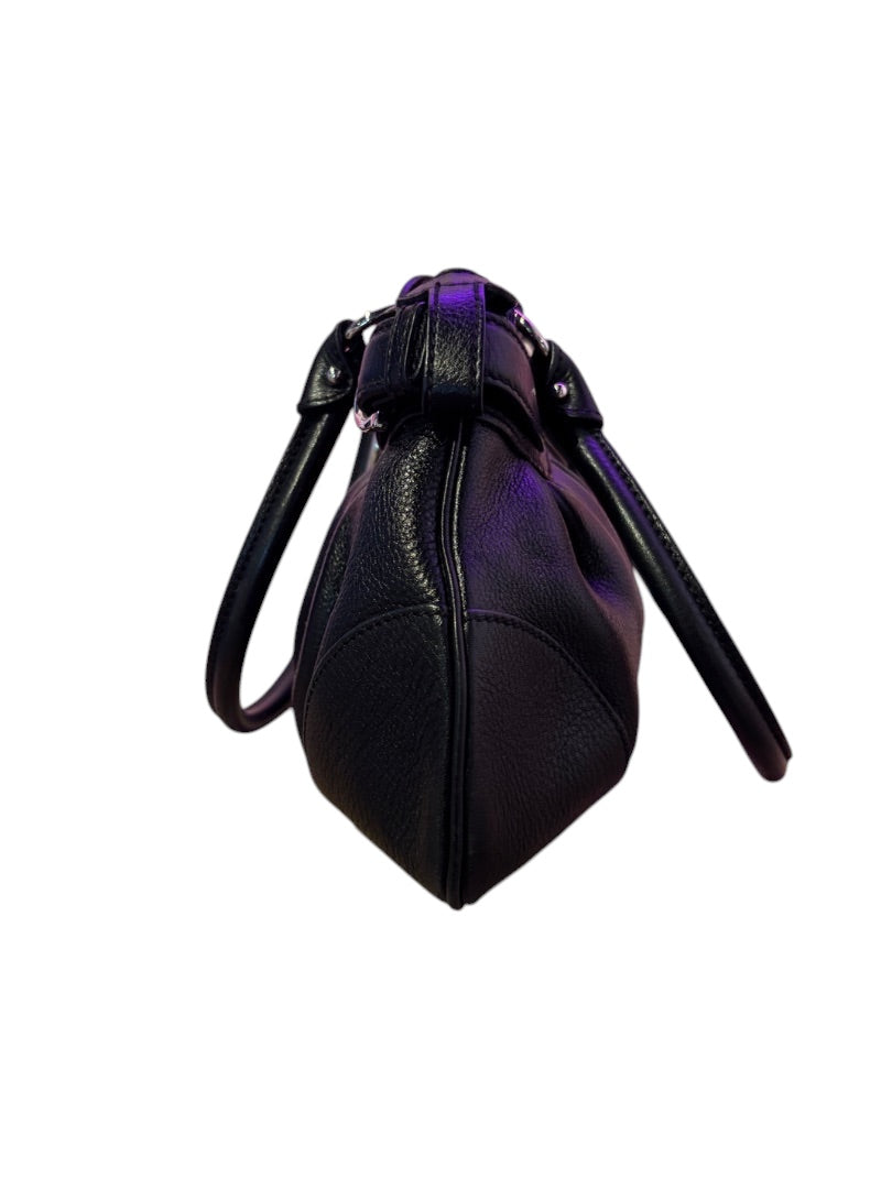 Posh Purse Co. black leather Ferragamo shoulder bag with double handles and silver-tone hardware.