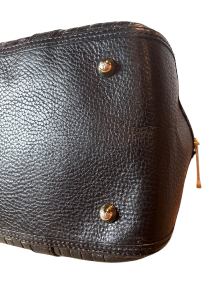 Posh Purse Co black pebbled leather tote bag with gold hardware and braided trim detail