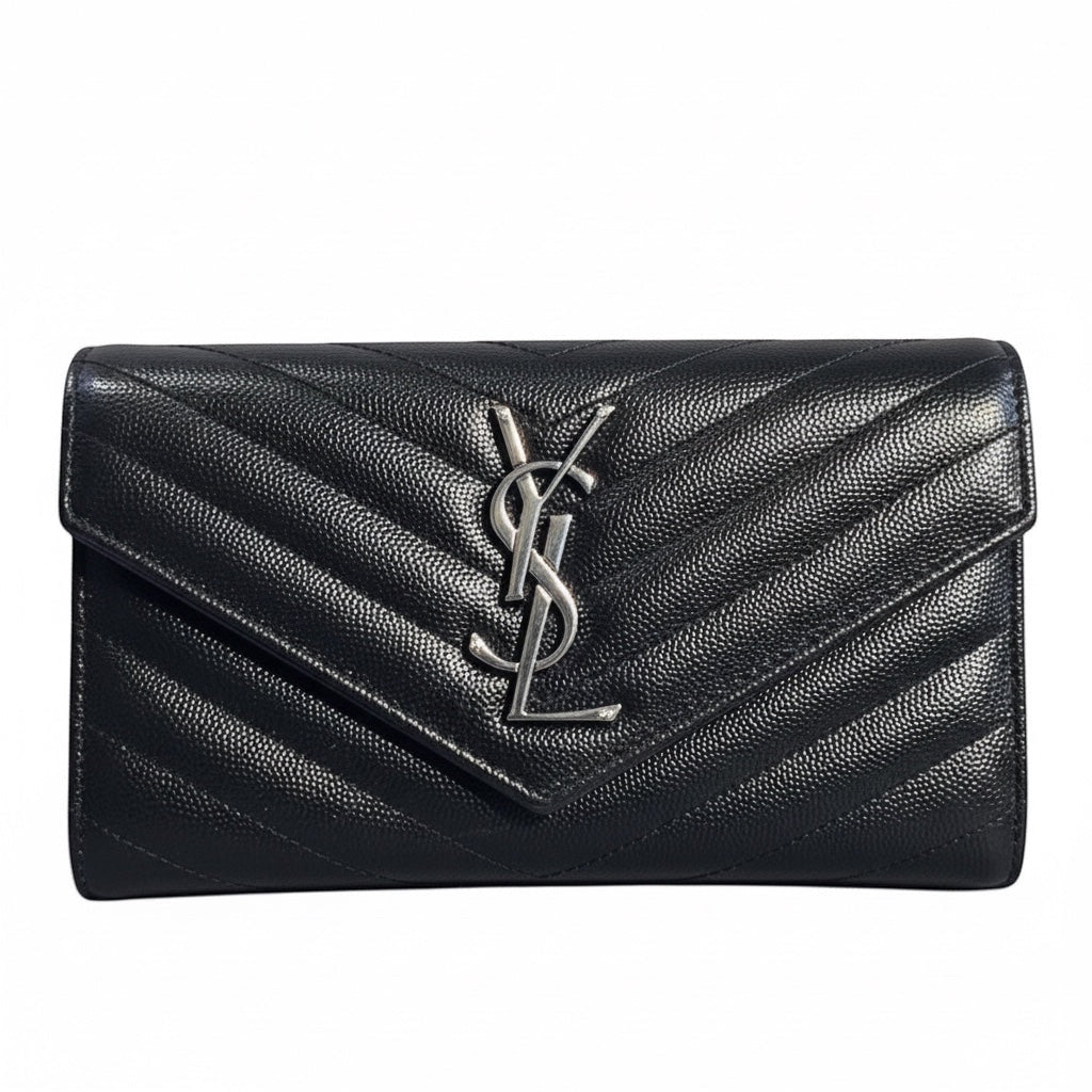 Posh Purse Co black chevron quilted leather envelope wallet with silver interlocking logo.
