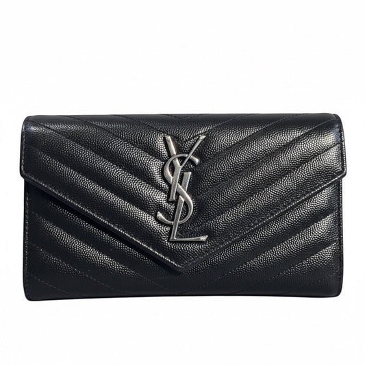 Posh Purse Co black chevron quilted leather envelope wallet with silver interlocking logo.