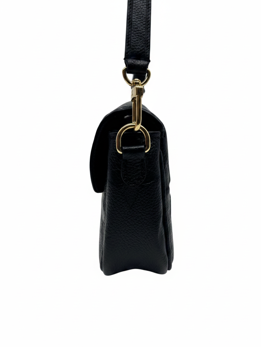 Side view of a black Louis Vuitton Empreinte leather Ivy wallet on chain with gold hardware from Posh Purse Co.
