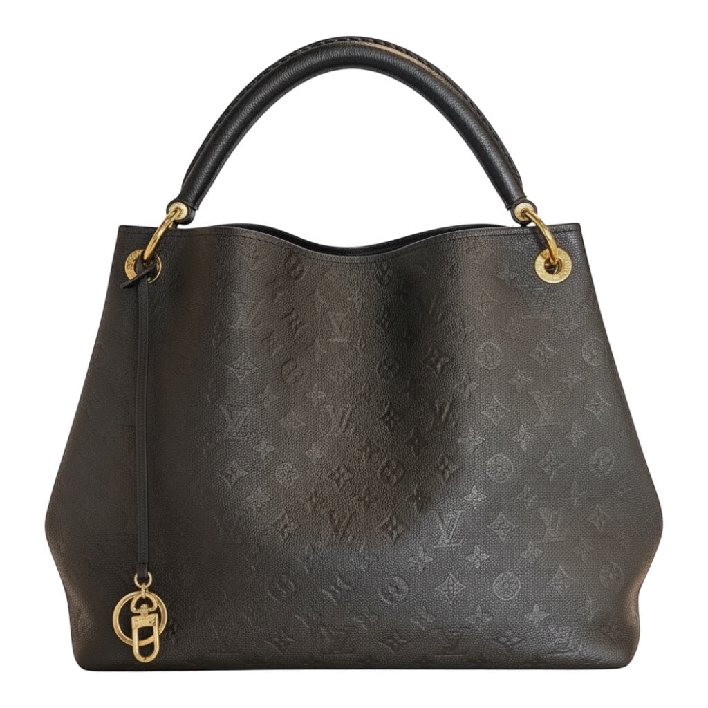 Posh Purse Co black Louis Vuitton Artsy MM hobo bag in embossed leather with braided handle and gold hardware.