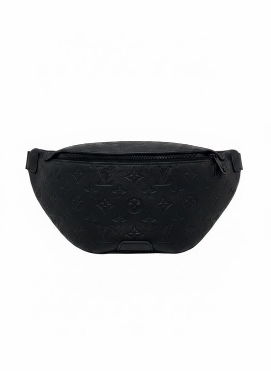Posh Purse Co. black Louis Vuitton Empreinte leather bumbag with embossed monogram pattern and zipper closure.