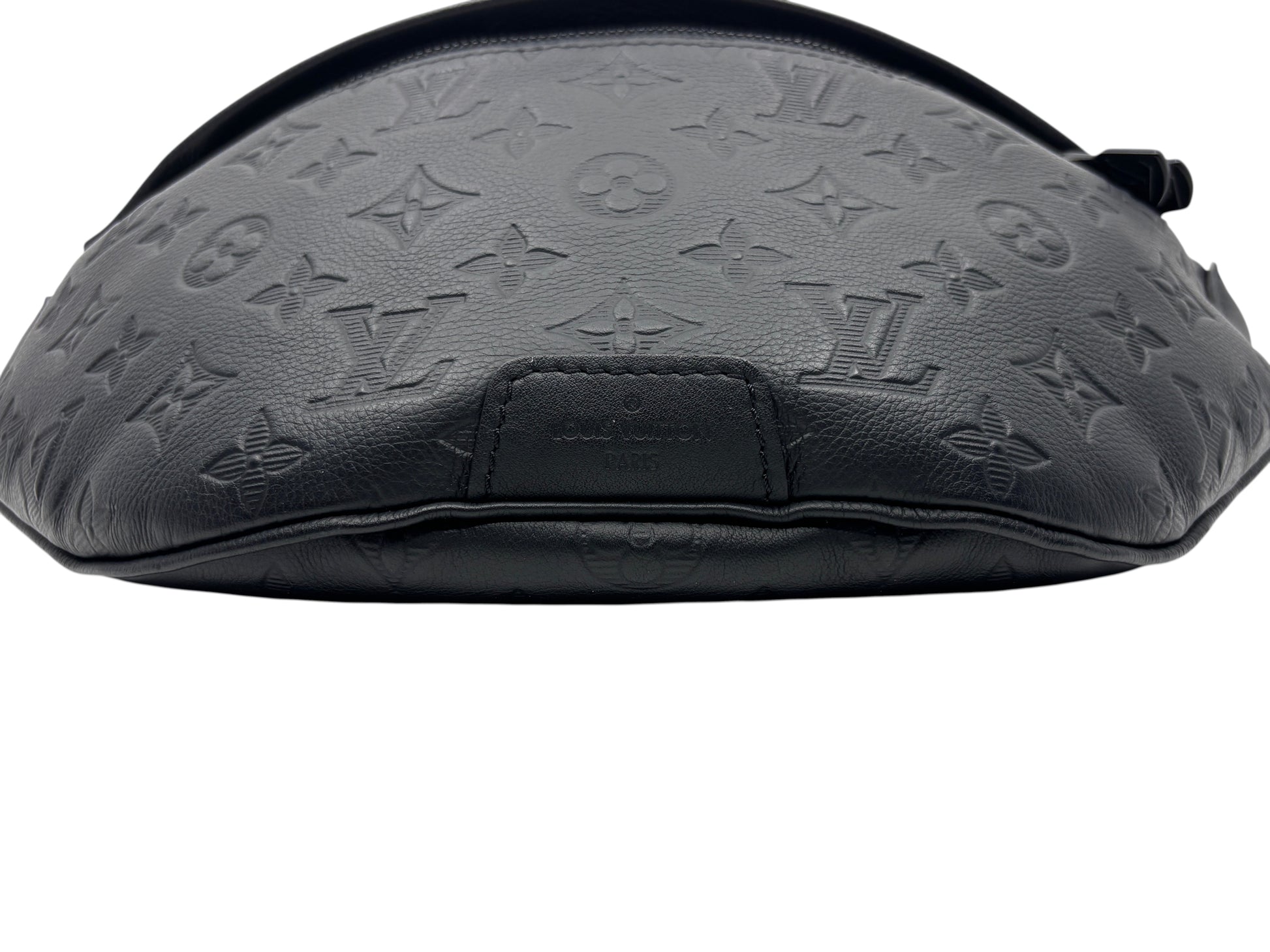 Posh Purse Co. black Louis Vuitton Empreinte leather bumbag with embossed monogram pattern and gold-tone hardware.