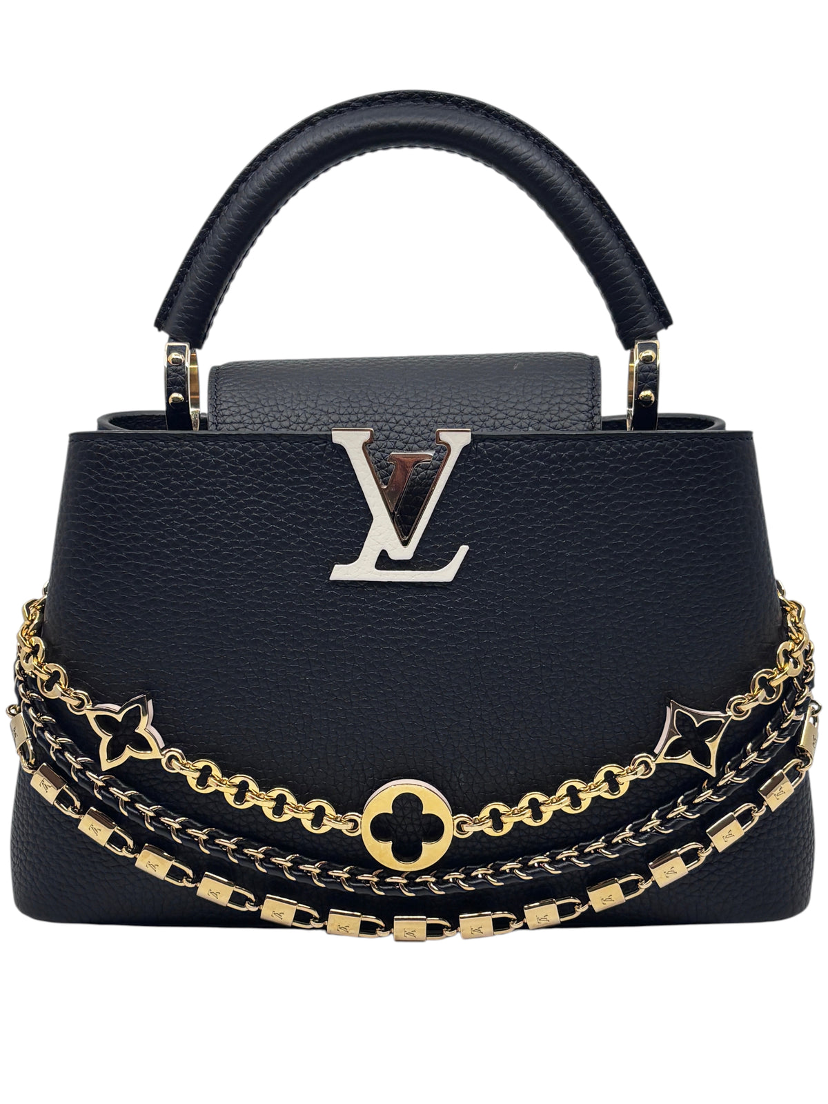 Posh Purse Co black leather Louis Vuitton Capucines BB handbag with decorative gold and black chain detail