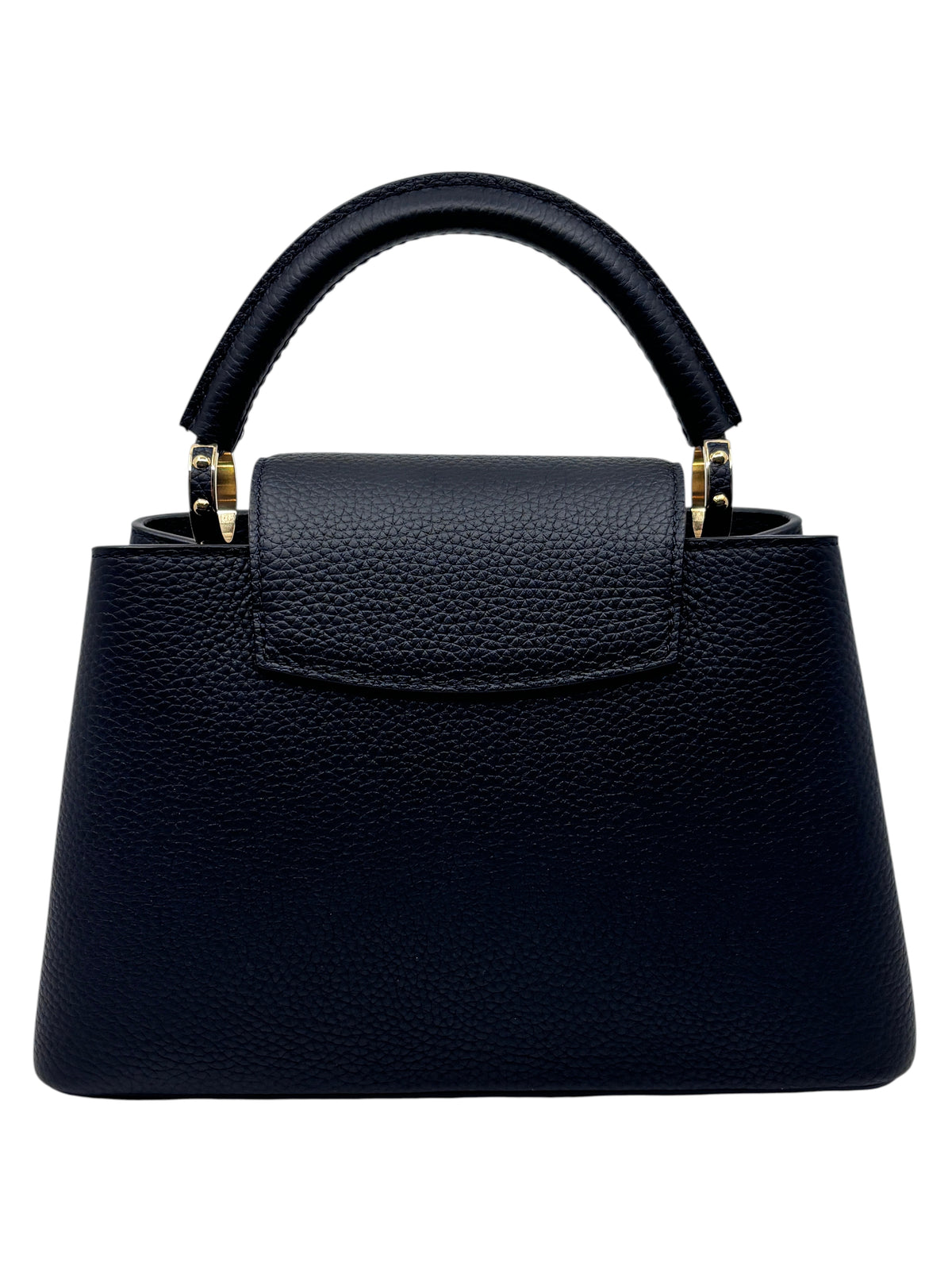 Posh Purse Co black leather Louis Vuitton Capucines BB handbag with a structured silhouette and gold hardware.