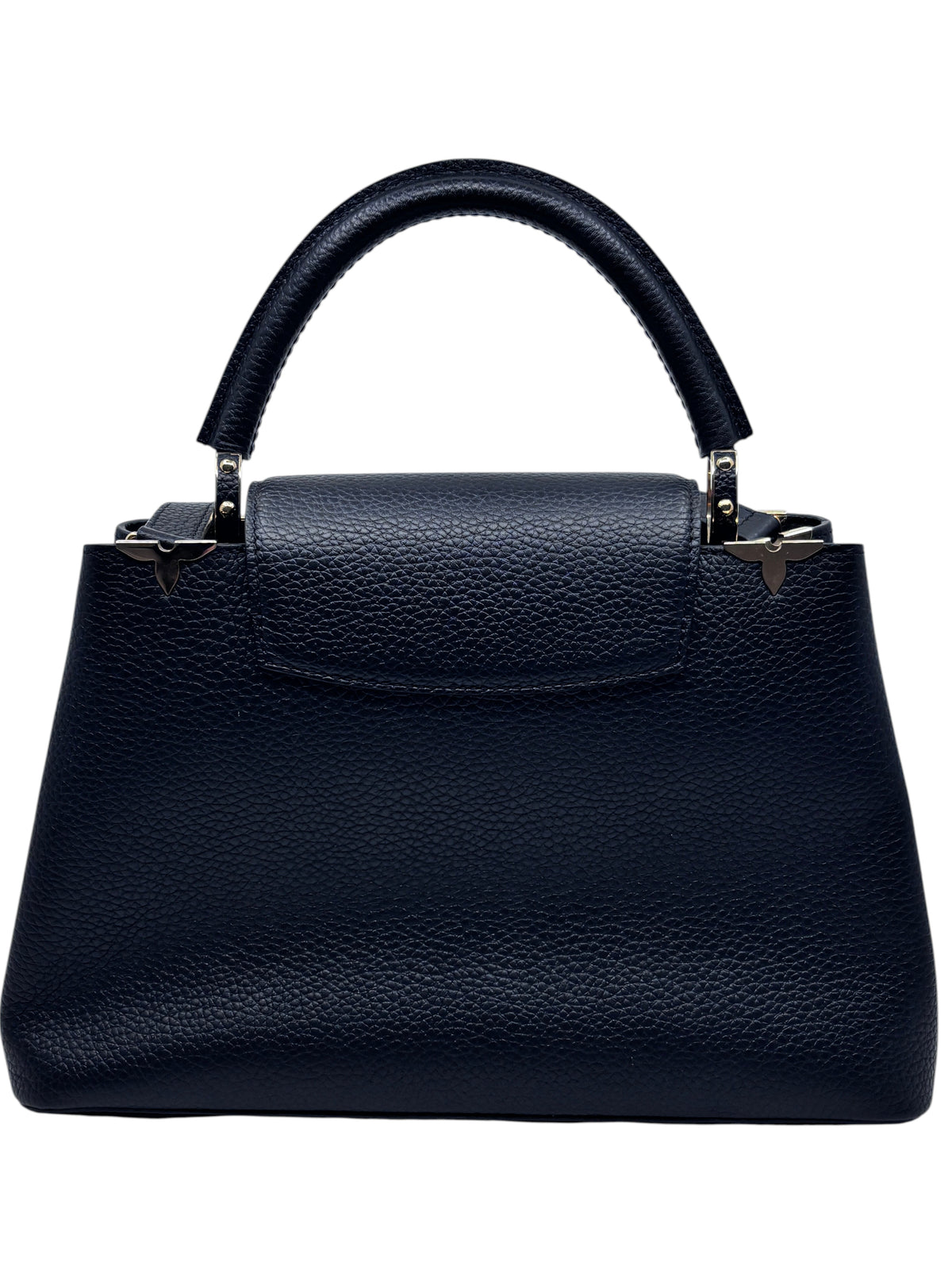 Posh Purse Co black Louis Vuitton Flower Crown Capucines MM handbag with structured leather and top handle