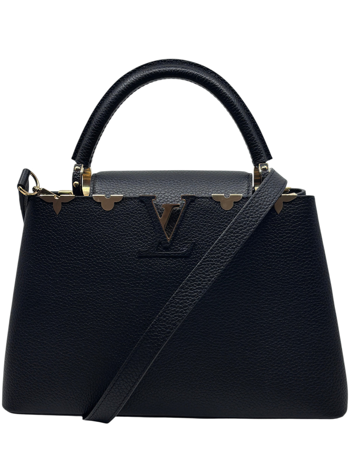 Posh Purse Co black Louis Vuitton Flower Crown Capucines MM handbag with gold hardware and structured top handle.