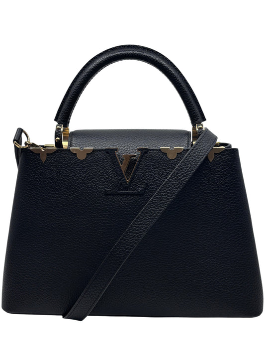 Posh Purse Co black Louis Vuitton Flower Crown Capucines MM handbag with gold hardware and structured top handle.
