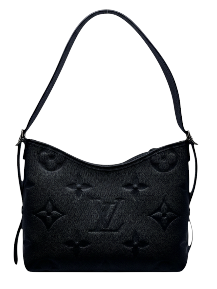 Posh Purse Co black Louis Vuitton CarryAll PM shoulder bag with embossed monogram leather and adjustable strap