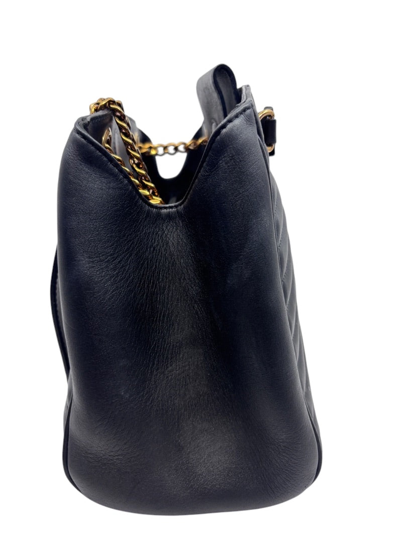 Posh Purse Co black quilted leather Louis Vuitton New Wave chain bag side view showing gold chain strap
