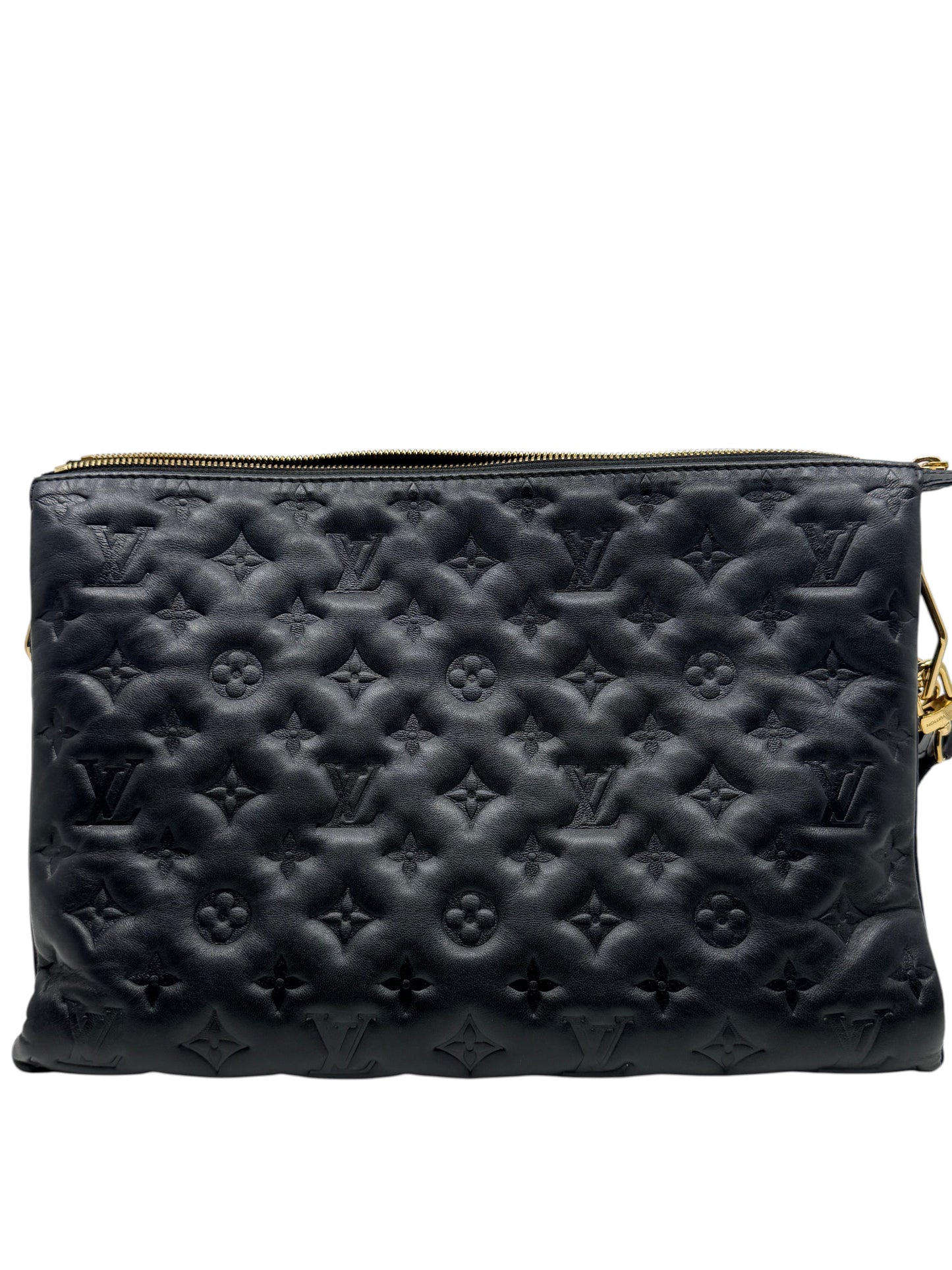 Posh Purse Co black Louis Vuitton Coussin MM bag in puffy monogram-embossed lambskin leather with gold hardware.