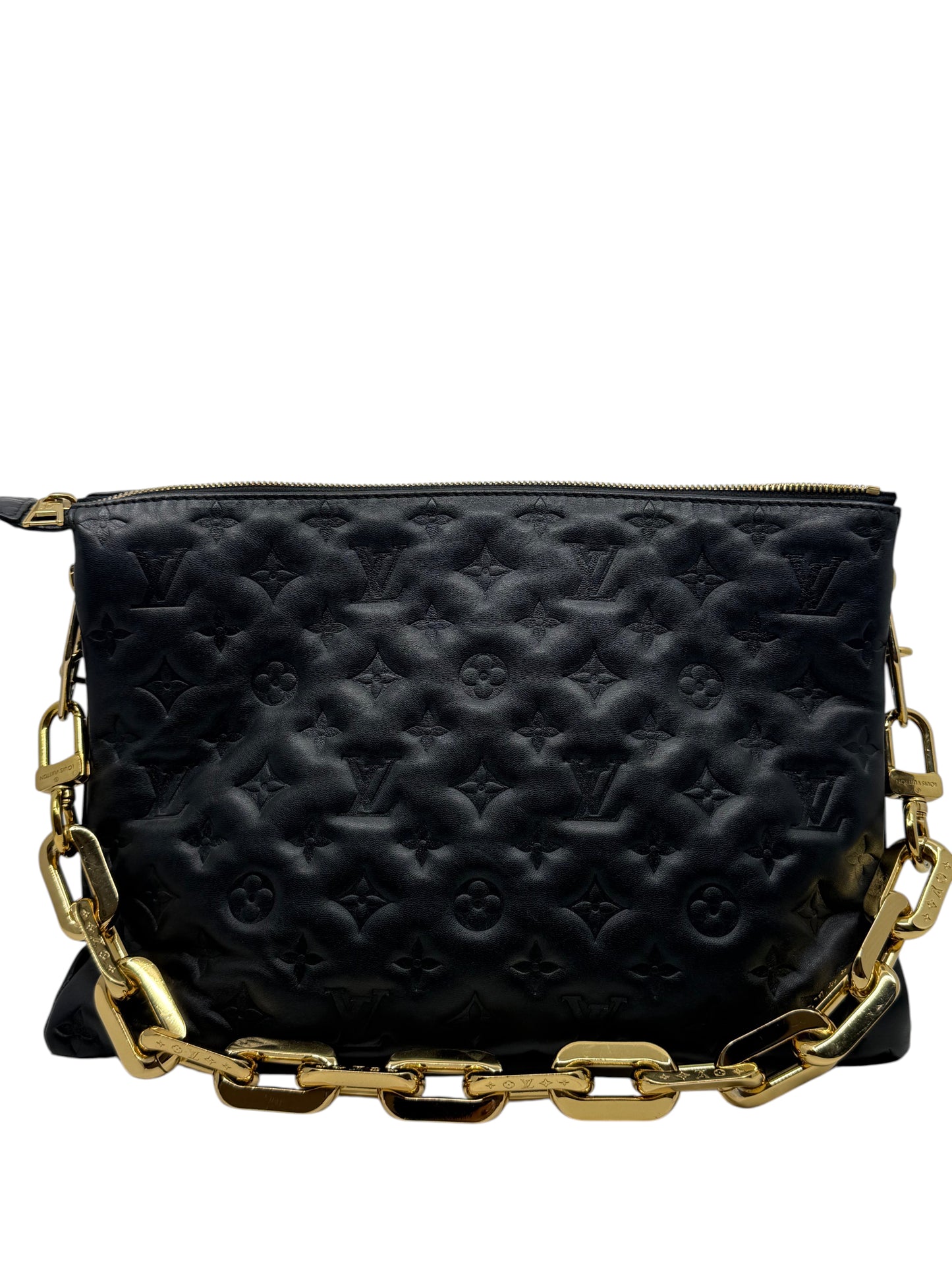 Posh Purse Co black Louis Vuitton Coussin MM bag in embossed lambskin leather with a chunky gold chain strap.