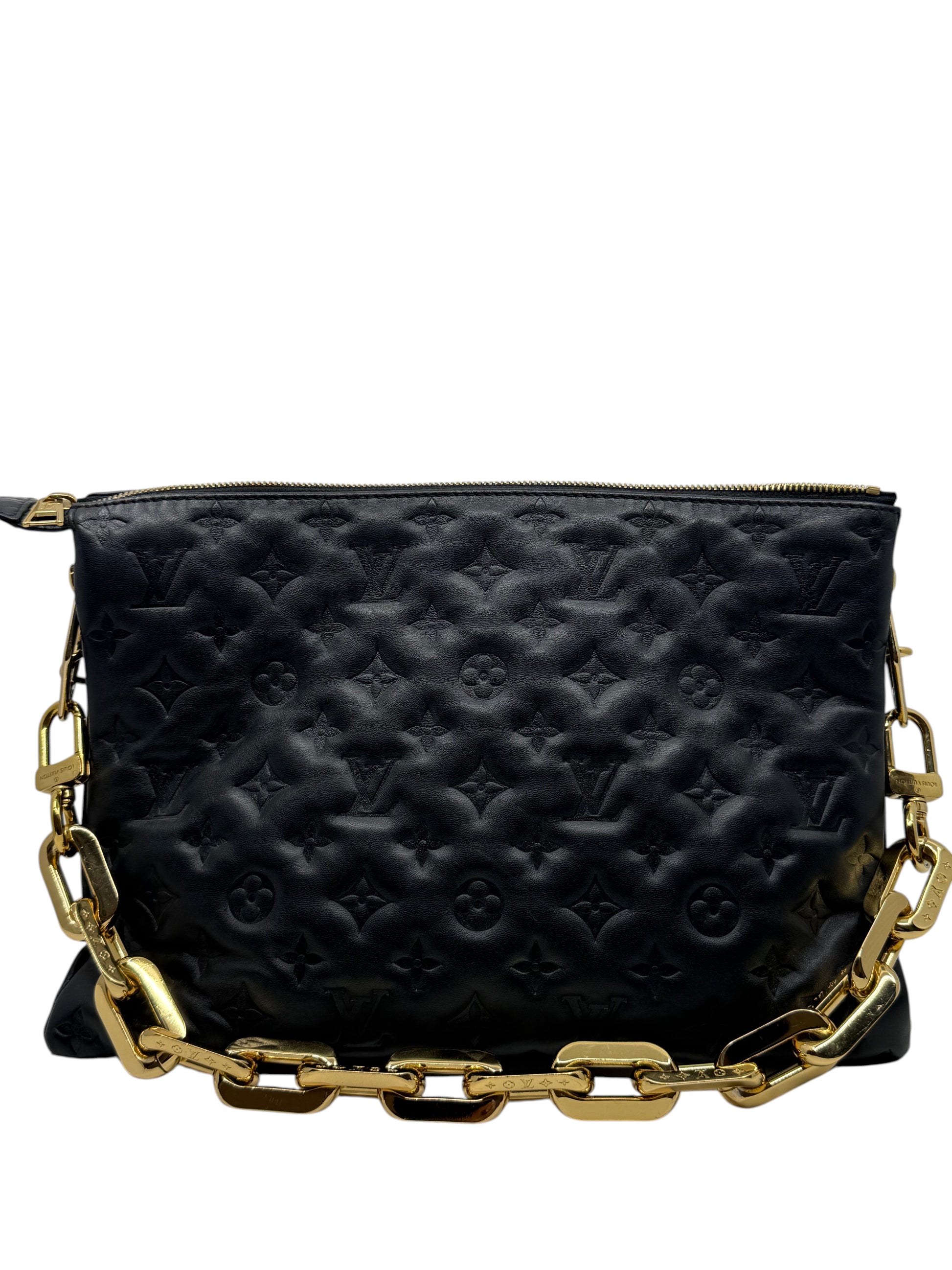 Posh Purse Co black Louis Vuitton Coussin MM bag in embossed lambskin leather with a chunky gold chain strap.