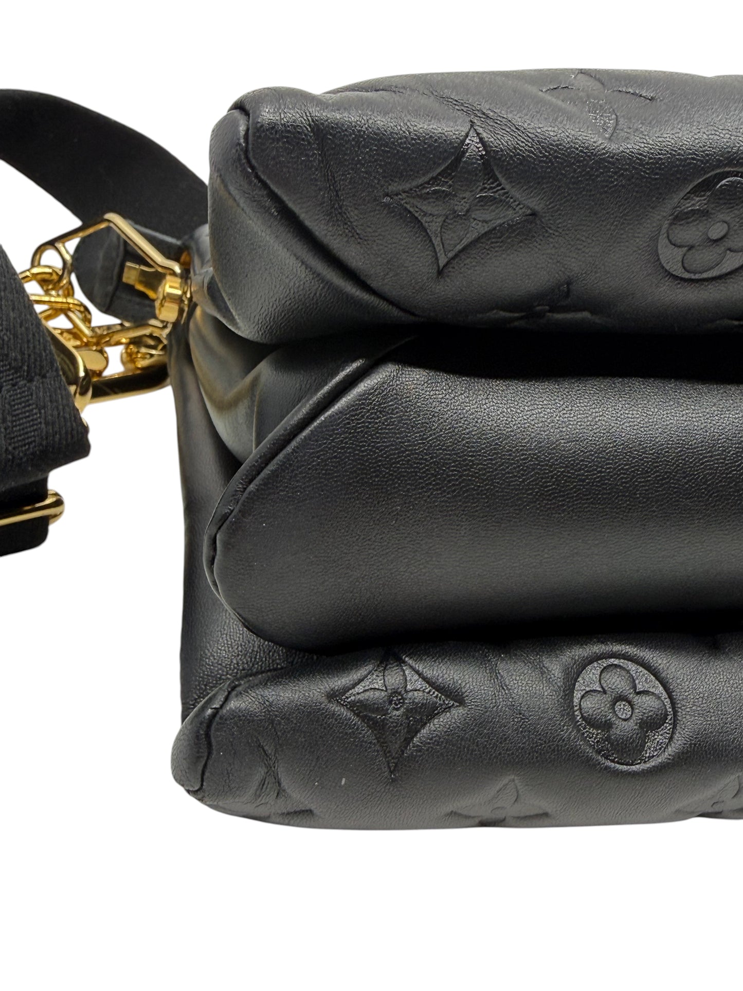 Posh Purse Co black Louis Vuitton Coussin MM bag in puffy monogram-embossed lambskin leather with gold chain detail