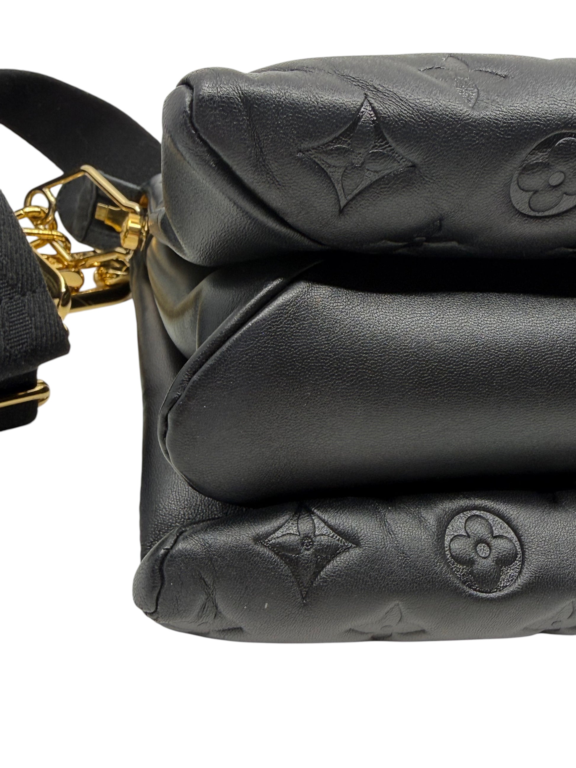 Posh Purse Co black Louis Vuitton Coussin MM bag in puffy monogram-embossed lambskin leather with gold chain detail