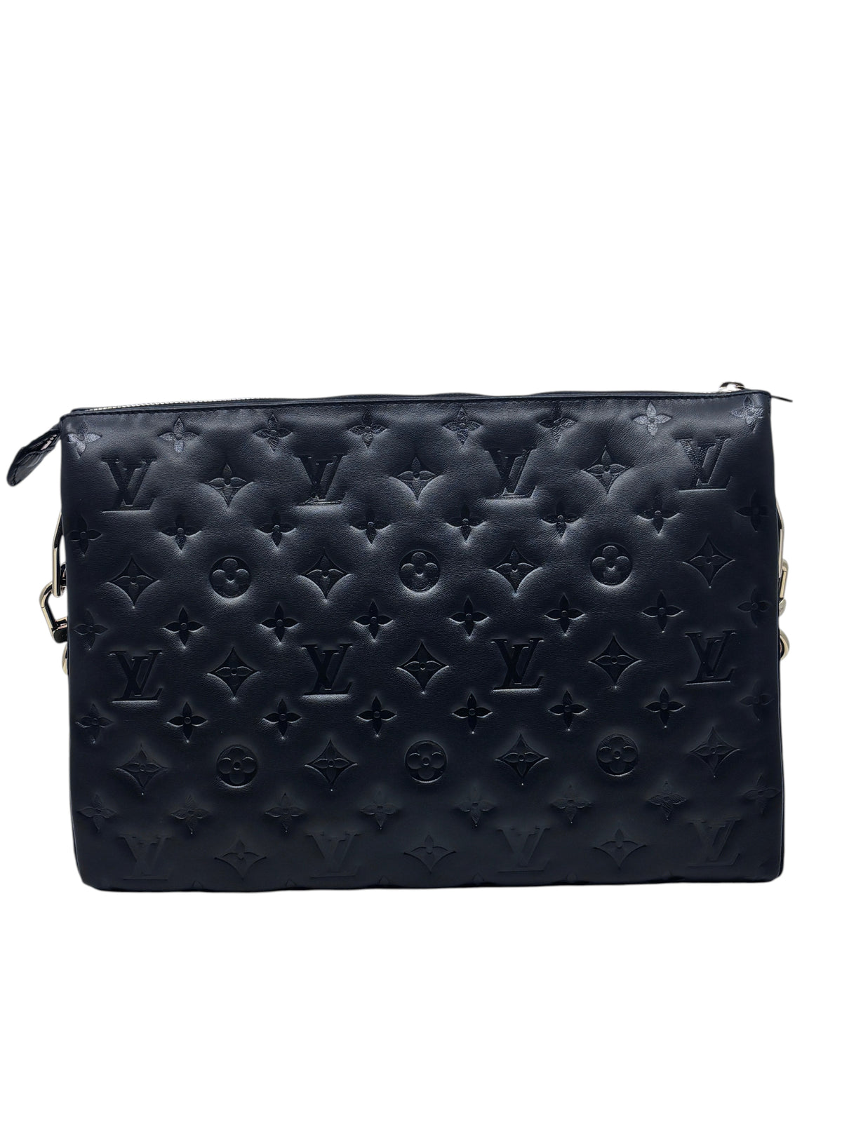 Posh Purse Co black Louis Vuitton Coussin bag featuring embossed Monogram pattern on soft leather