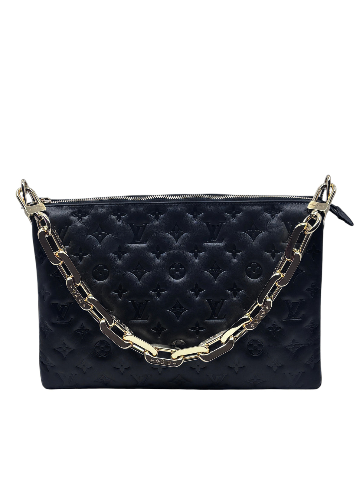 Posh Purse Co black Louis Vuitton Coussin handbag with embossed monogram leather and chunky gold chain strap