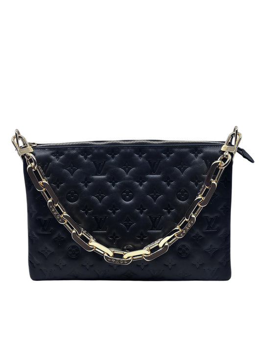 Posh Purse Co black Louis Vuitton Coussin handbag with embossed monogram leather and chunky gold chain strap