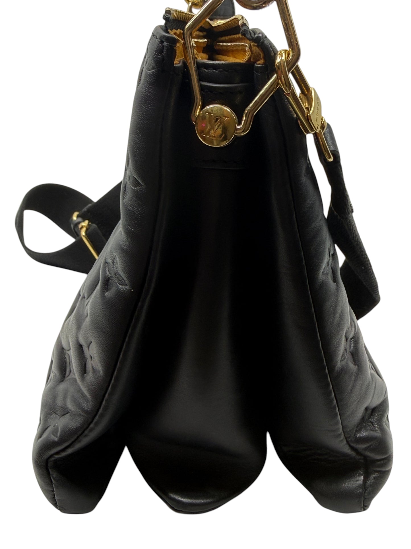 Posh Purse Co black Louis Vuitton Coussin MM bag side view showing puffy lambskin leather and gold hardware