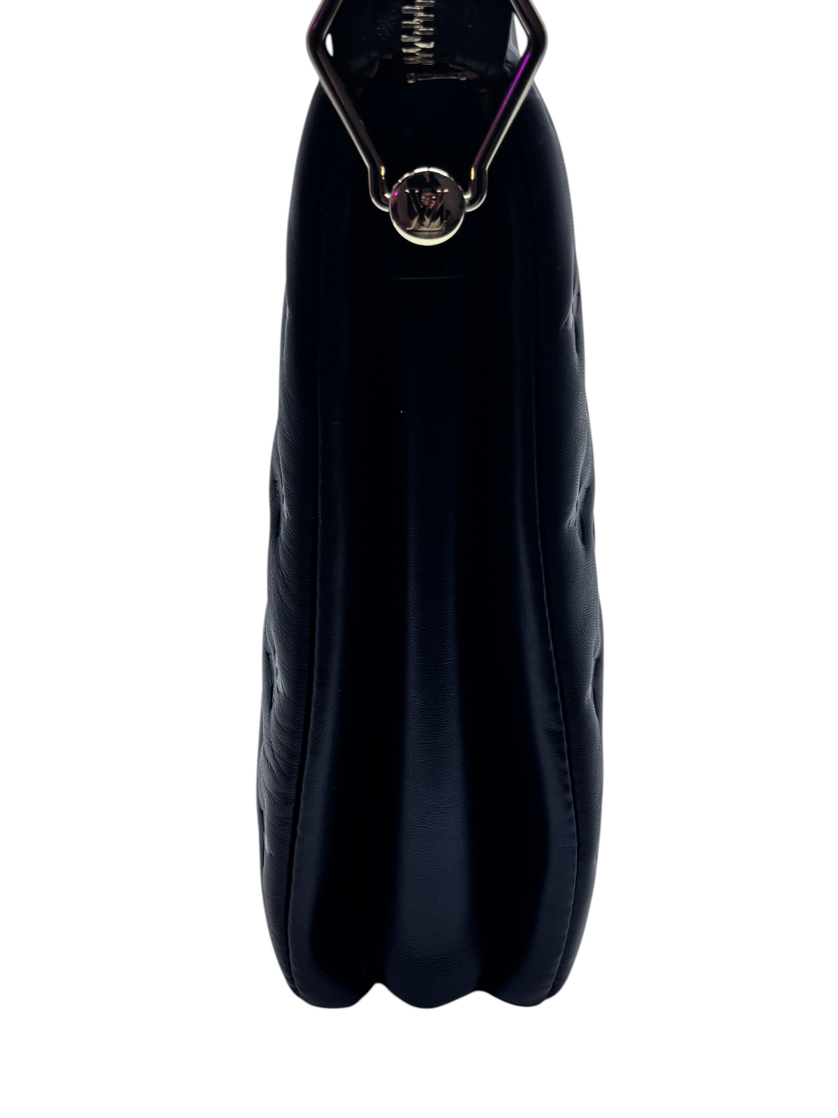 Posh Purse Co black Louis Vuitton Coussin handbag side profile showing soft leather and silver hardware