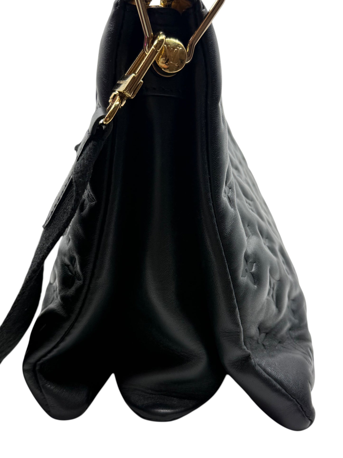 Posh Purse Co black Louis Vuitton Coussin MM bag in puffy embossed lambskin leather with gold hardware side view