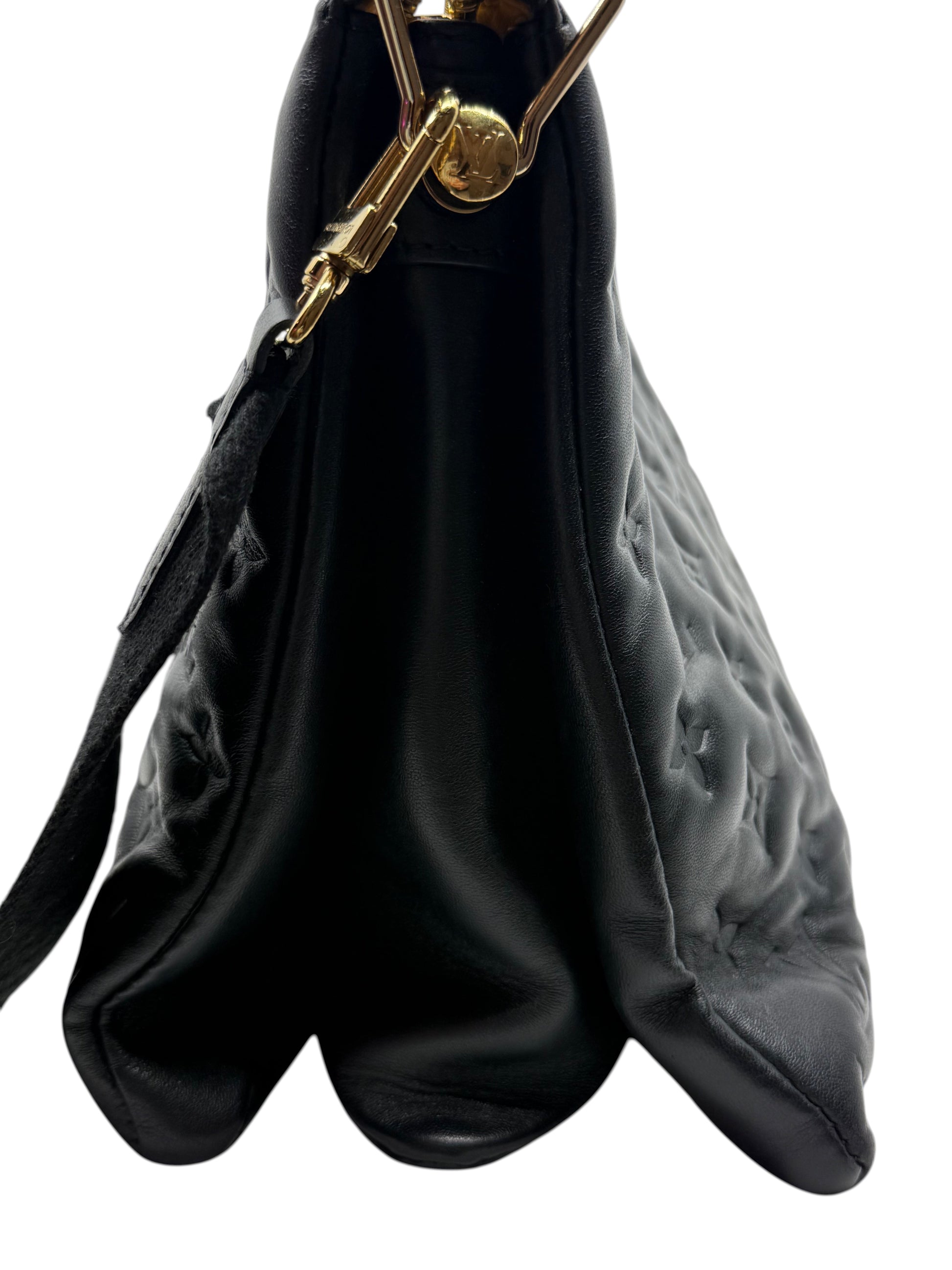 Posh Purse Co black Louis Vuitton Coussin MM bag in puffy embossed lambskin leather with gold hardware side view