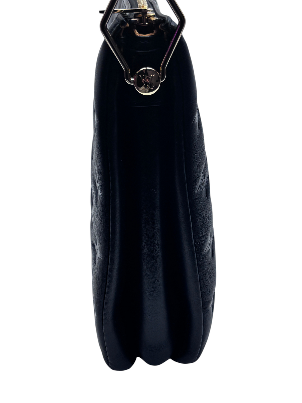 Side view of a black Louis Vuitton Coussin bag with gold hardware, sold by Posh Purse Co in excellent condition.