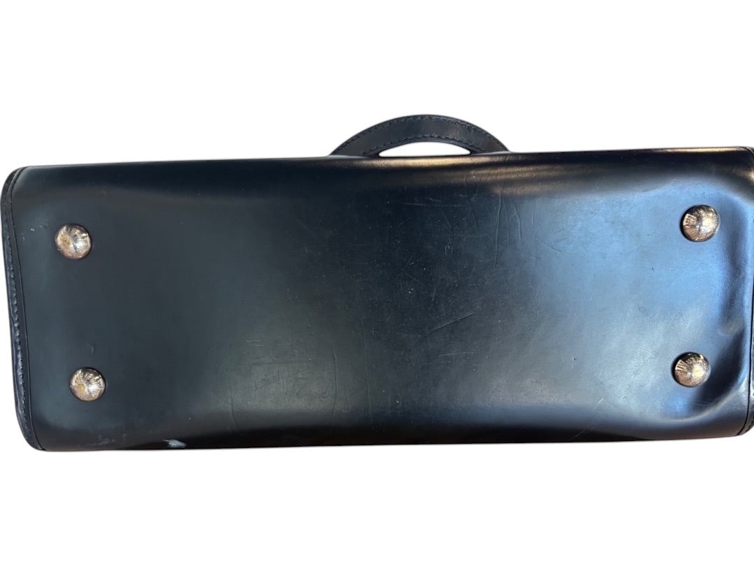 Posh Purse Co. black Louis Vuitton Epi leather Madeleine handbag with silver hardware and protective feet.