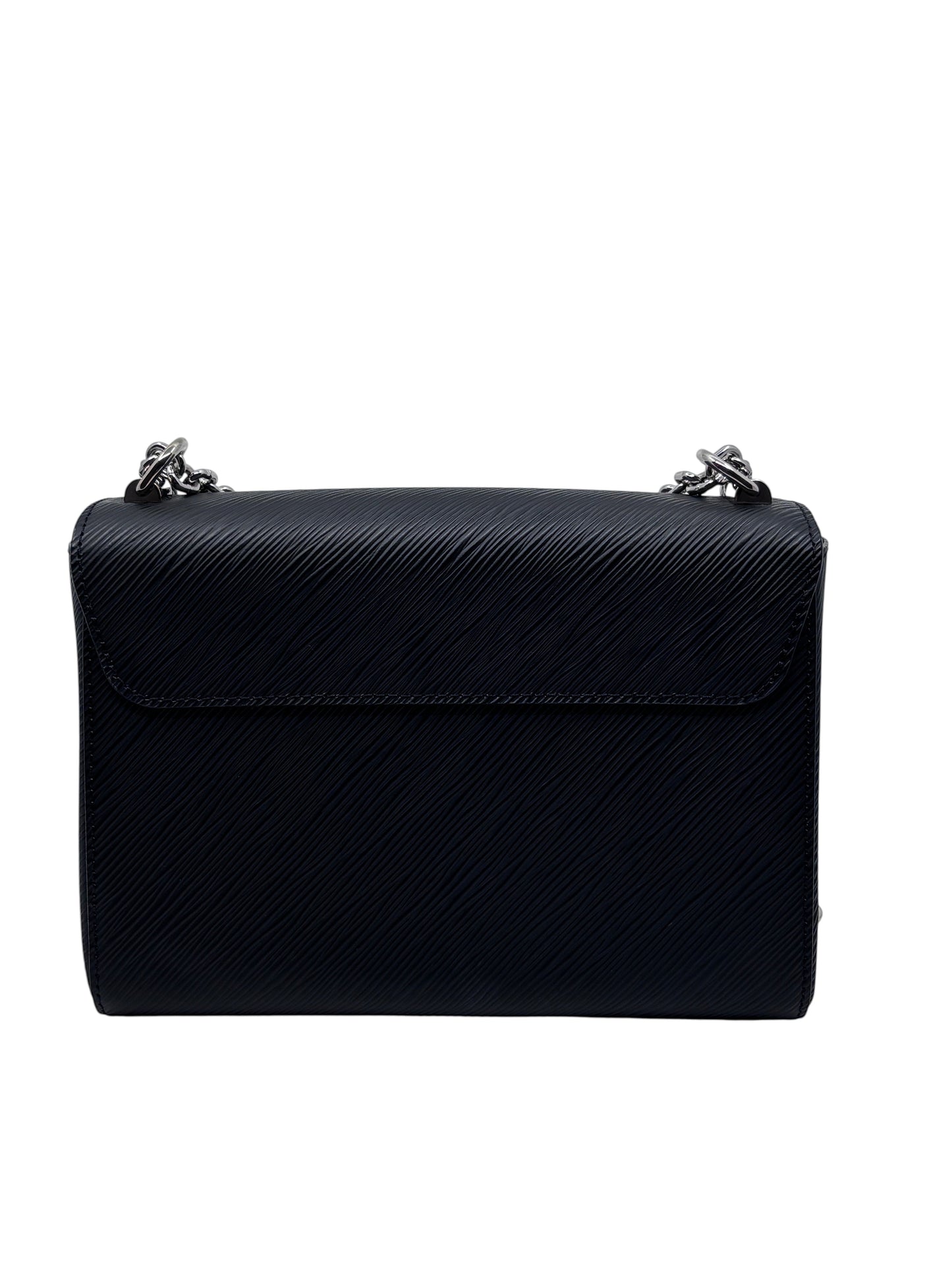 Posh Purse Co black Louis Vuitton Epi leather Twist bag featuring a structured silhouette and silver chain strap